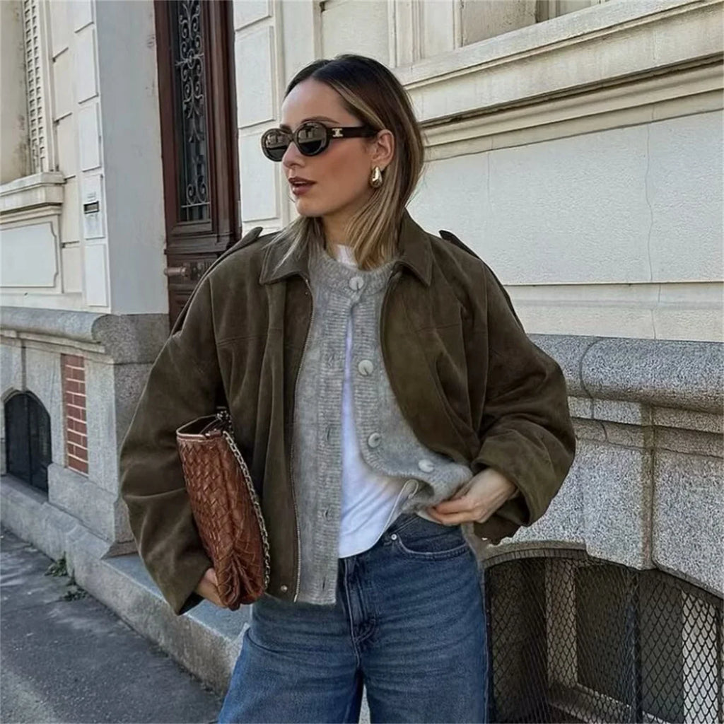 Women's Army Elegant Bomber Jackets Coats Fashion Turn-down Collar Long Sleeve Loose Coats Vintage Female Outerwear Chic Tops