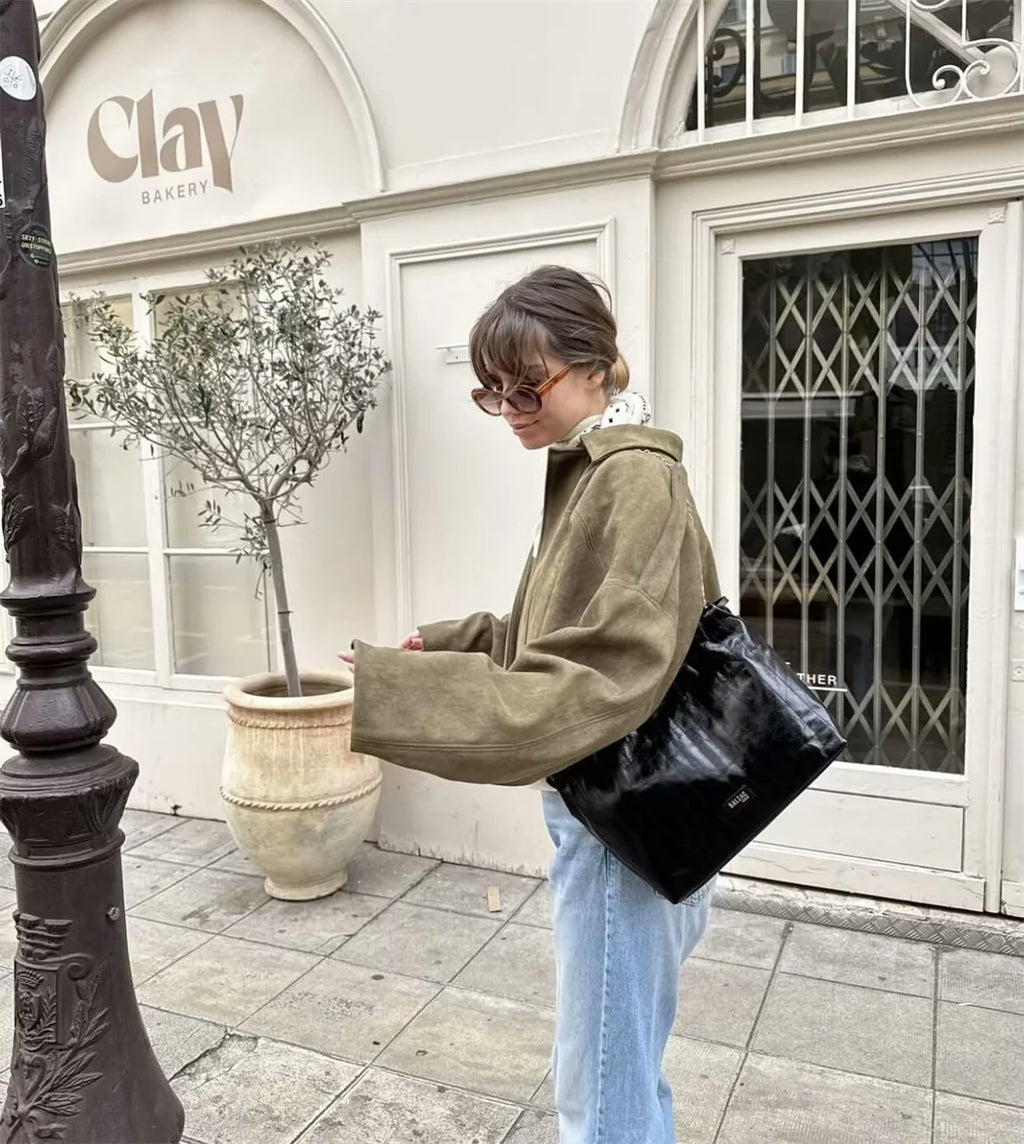 Women's Army Elegant Bomber Jackets Coats Fashion Turn-down Collar Long Sleeve Loose Coats Vintage Female Outerwear Chic Tops