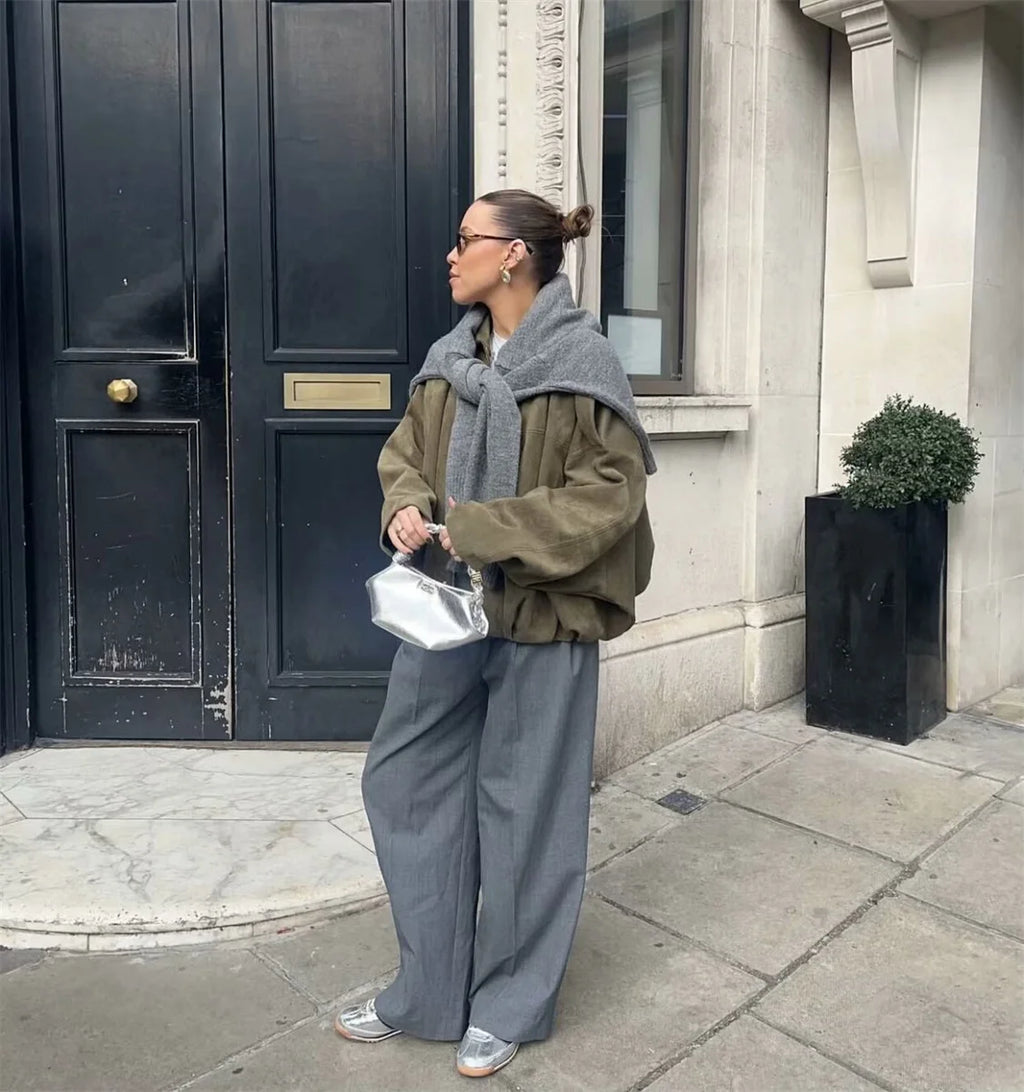 Women's Army Elegant Bomber Jackets Coats Fashion Turn-down Collar Long Sleeve Loose Coats Vintage Female Outerwear Chic Tops