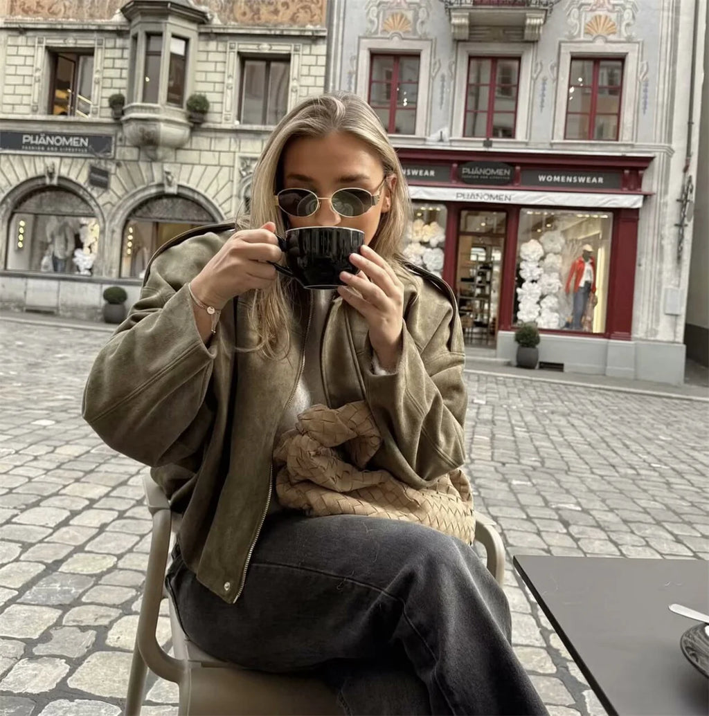 Women's Army Elegant Bomber Jackets Coats Fashion Turn-down Collar Long Sleeve Loose Coats Vintage Female Outerwear Chic Tops