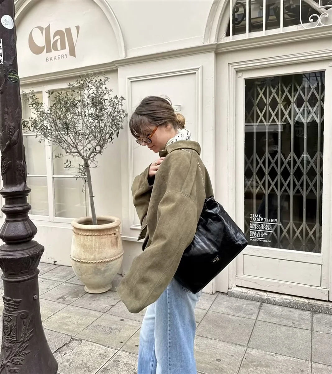 Women's Army Elegant Bomber Jackets Coats Fashion Turn-down Collar Long Sleeve Loose Coats Vintage Female Outerwear Chic Tops