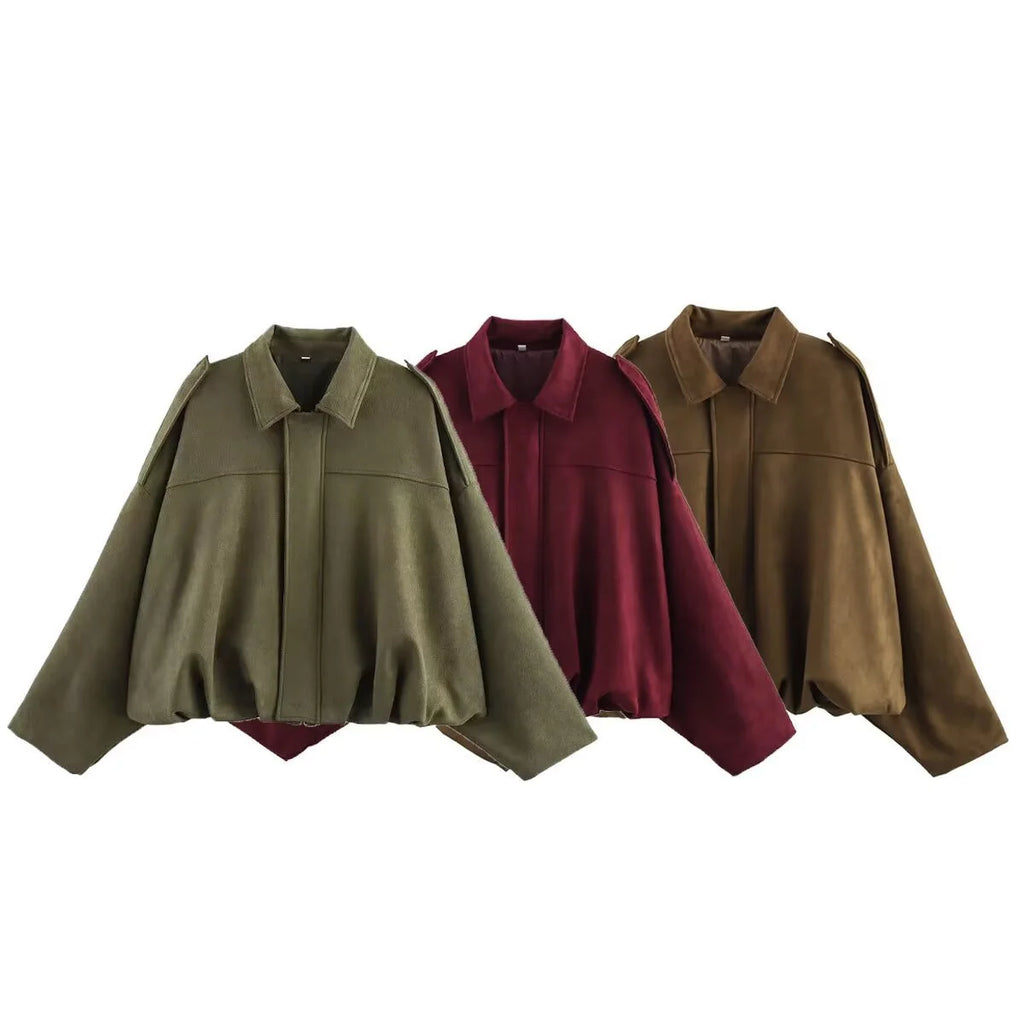 Women's Army Elegant Bomber Jackets Coats Fashion Turn-down Collar Long Sleeve Loose Coats Vintage Female Outerwear Chic Tops