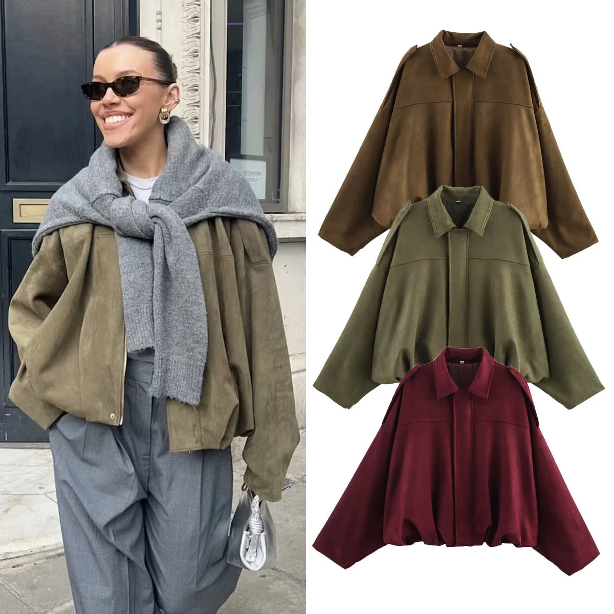 Women's Army Elegant Bomber Jackets Coats Fashion Turn-down Collar Long Sleeve Loose Coats Vintage Female Outerwear Chic Tops