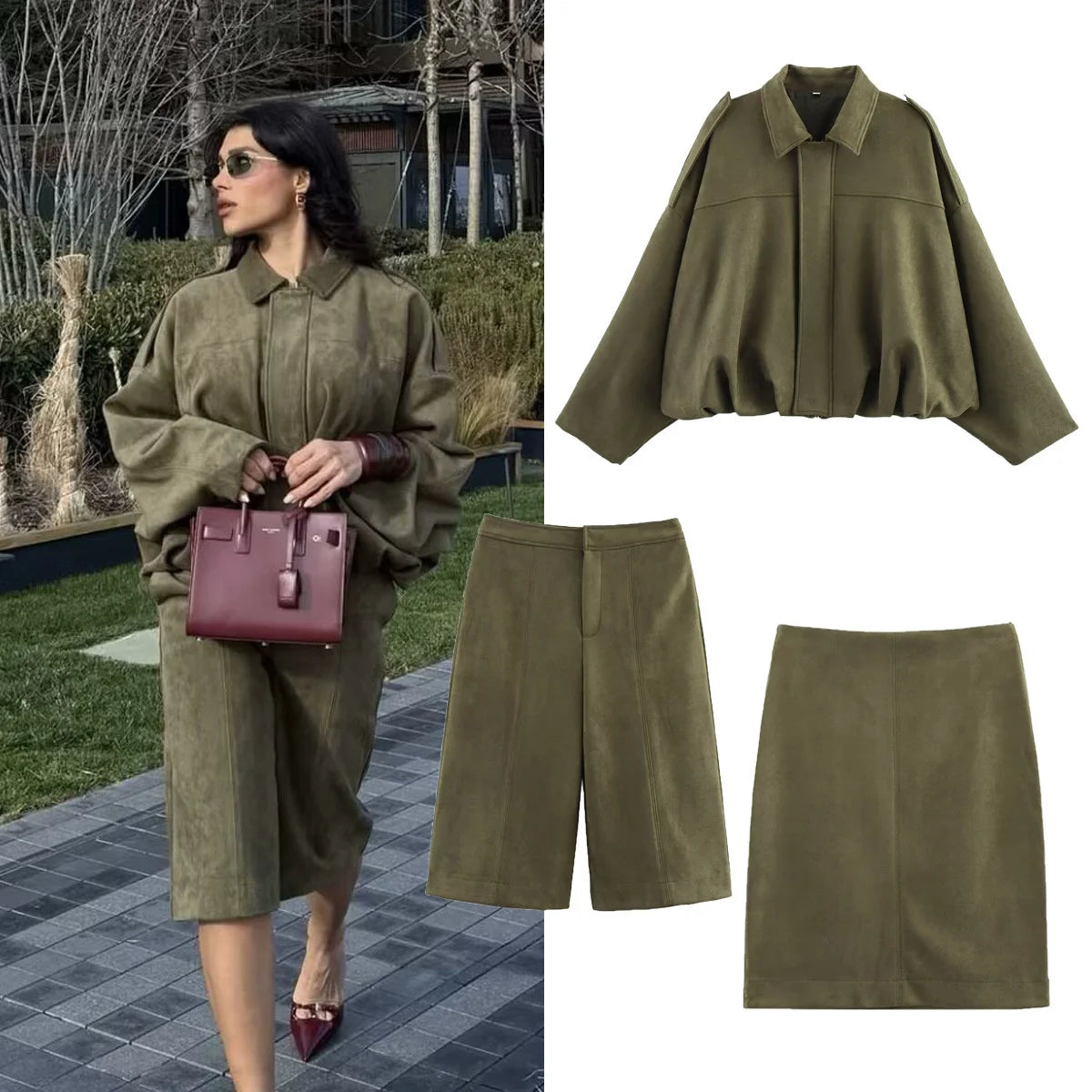 Women's Army Elegant Bomber Jackets Coats Fashion Turn-down Collar Long Sleeve Loose Coats Vintage Female Outerwear Chic Tops