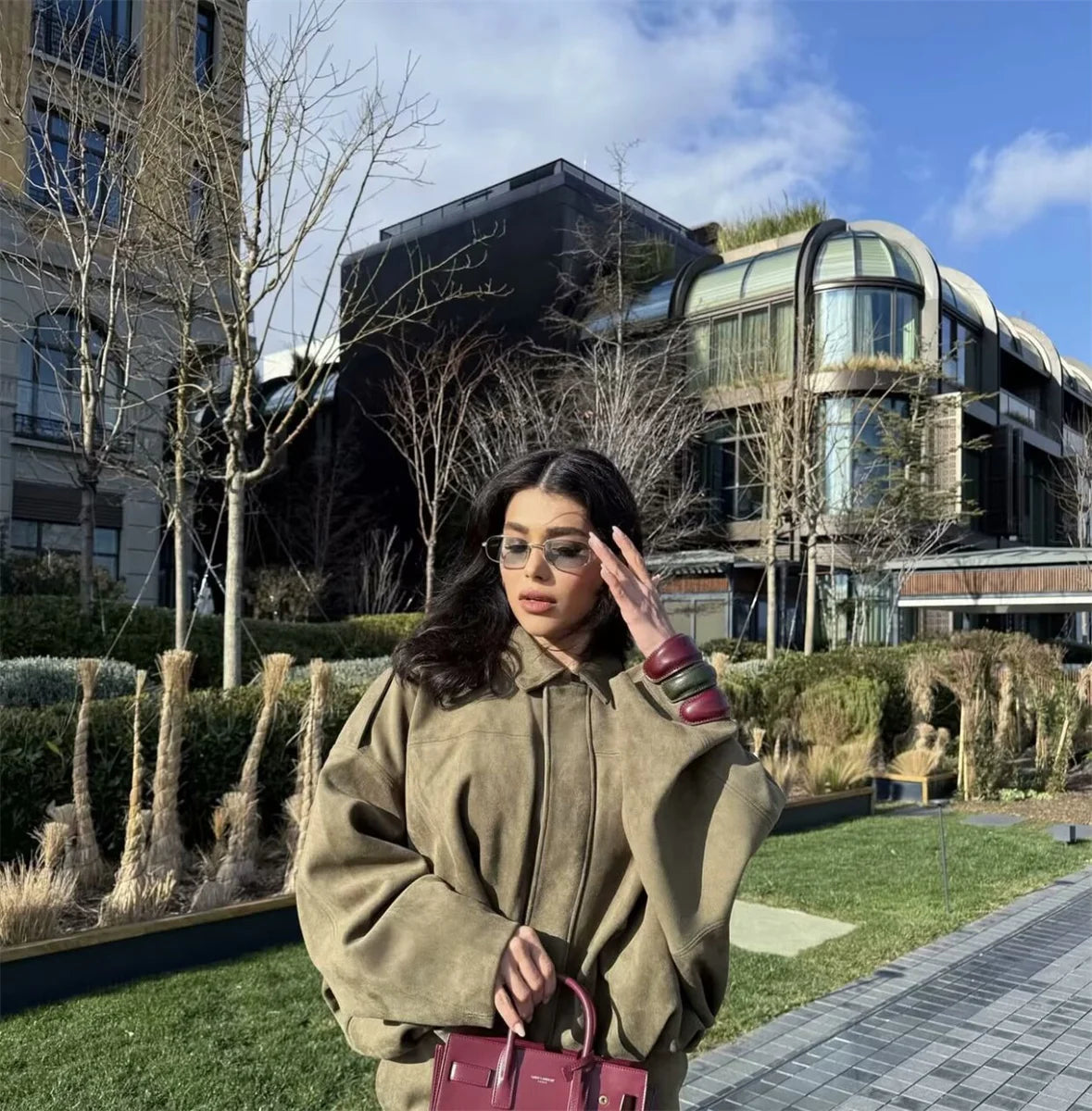 Women's Army Elegant Bomber Jackets Coats Fashion Turn-down Collar Long Sleeve Loose Coats Vintage Female Outerwear Chic Tops