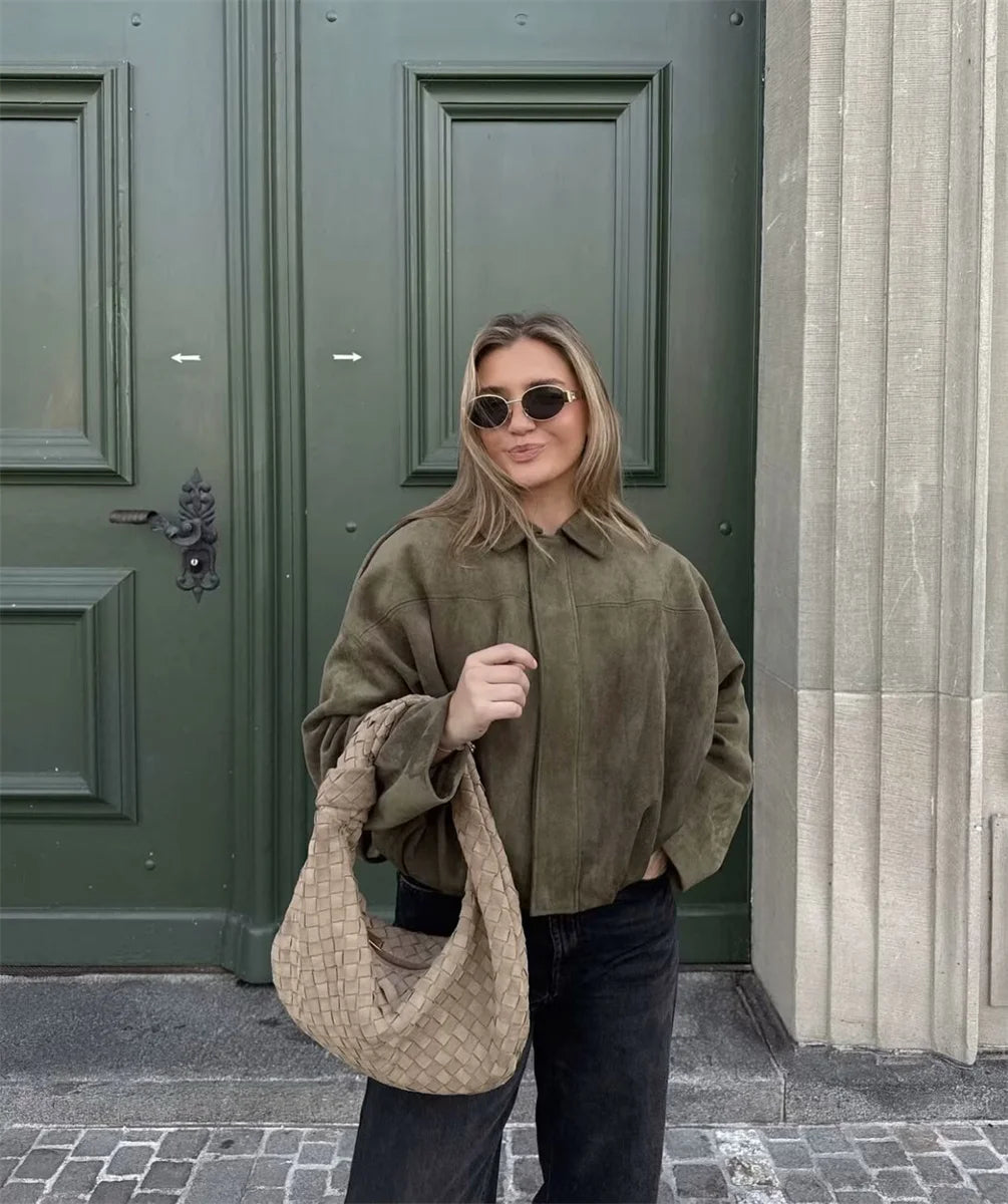 Women's Army Elegant Bomber Jackets Coats Fashion Turn-down Collar Long Sleeve Loose Coats Vintage Female Outerwear Chic Tops