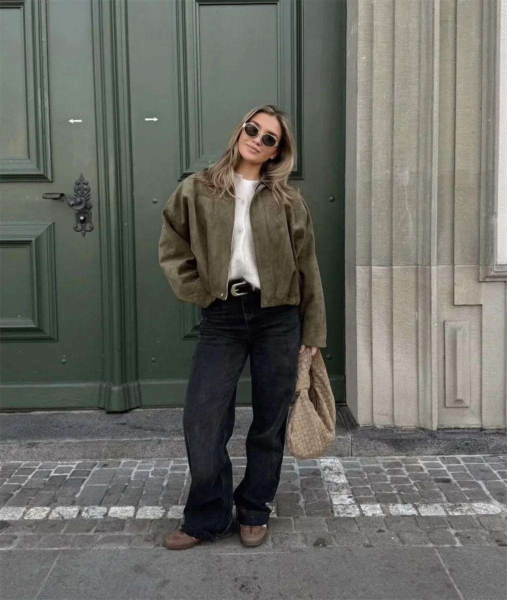 Women's Army Elegant Bomber Jackets Coats Fashion Turn-down Collar Long Sleeve Loose Coats Vintage Female Outerwear Chic Tops