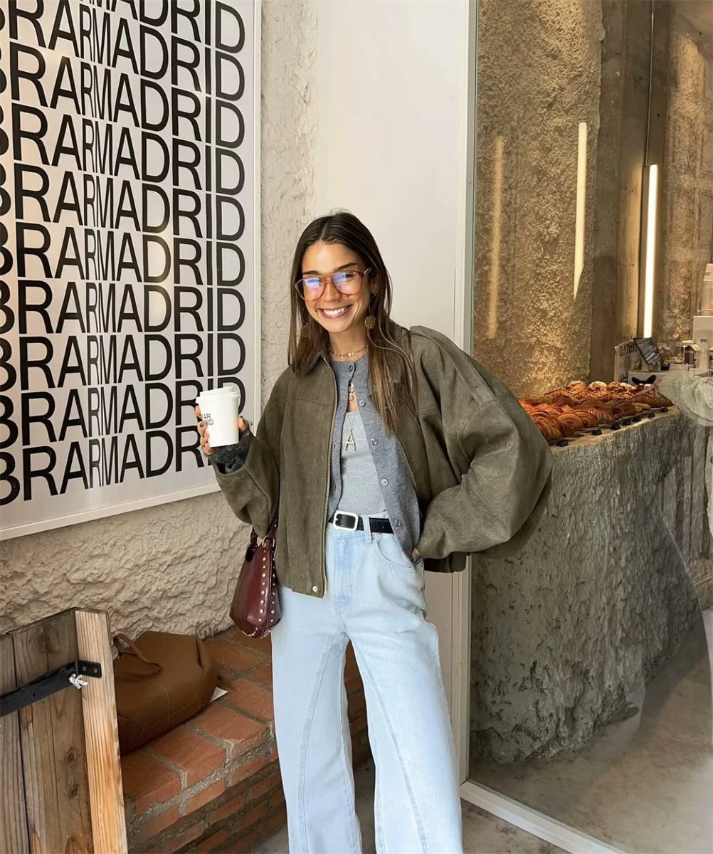 Women's Army Elegant Bomber Jackets Coats Fashion Turn-down Collar Long Sleeve Loose Coats Vintage Female Outerwear Chic Tops