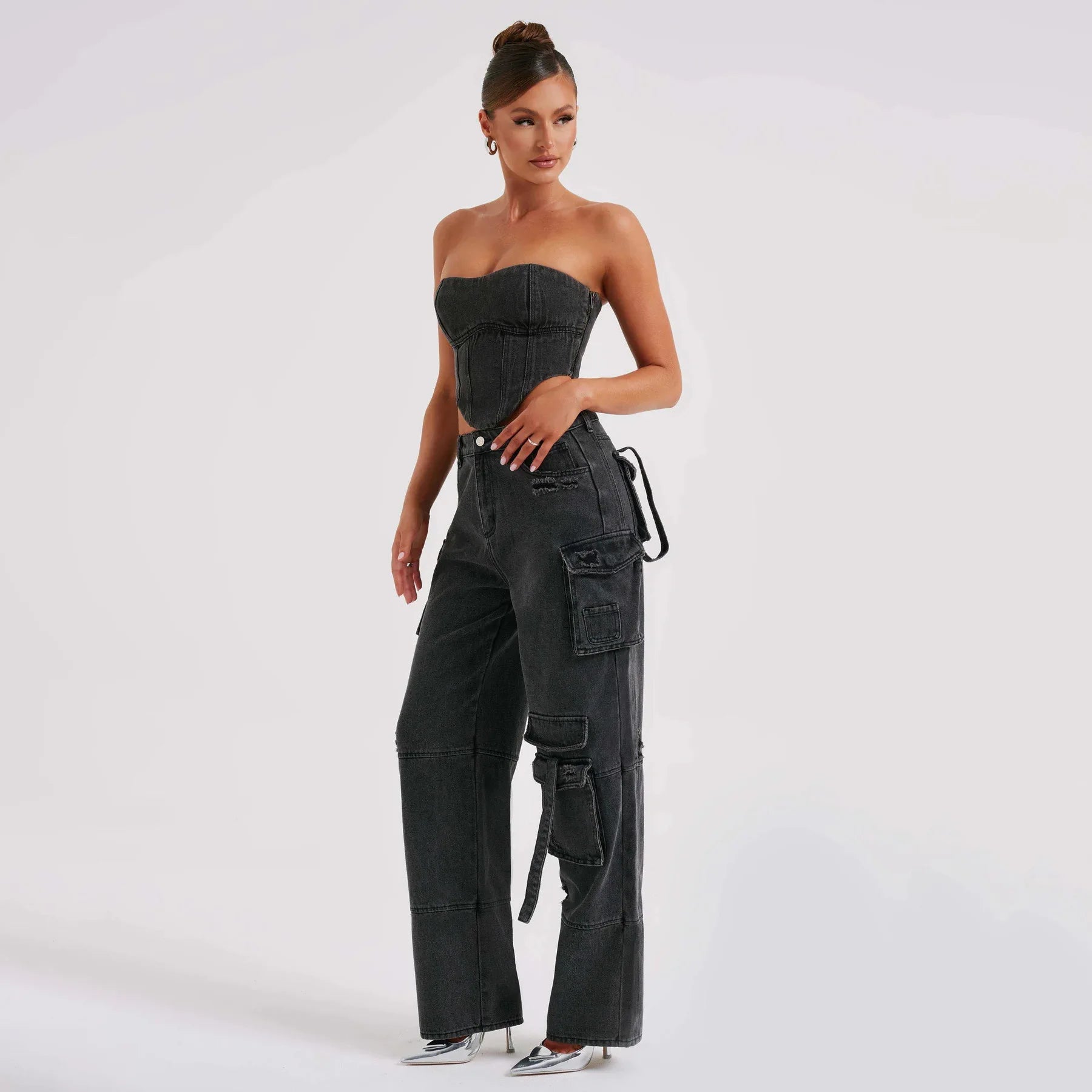 2024 New Style Loose Feeling Slimming Pants Low Waisted Pocket Splicing Jeans for Women's Autumn Denim Pant Top Set