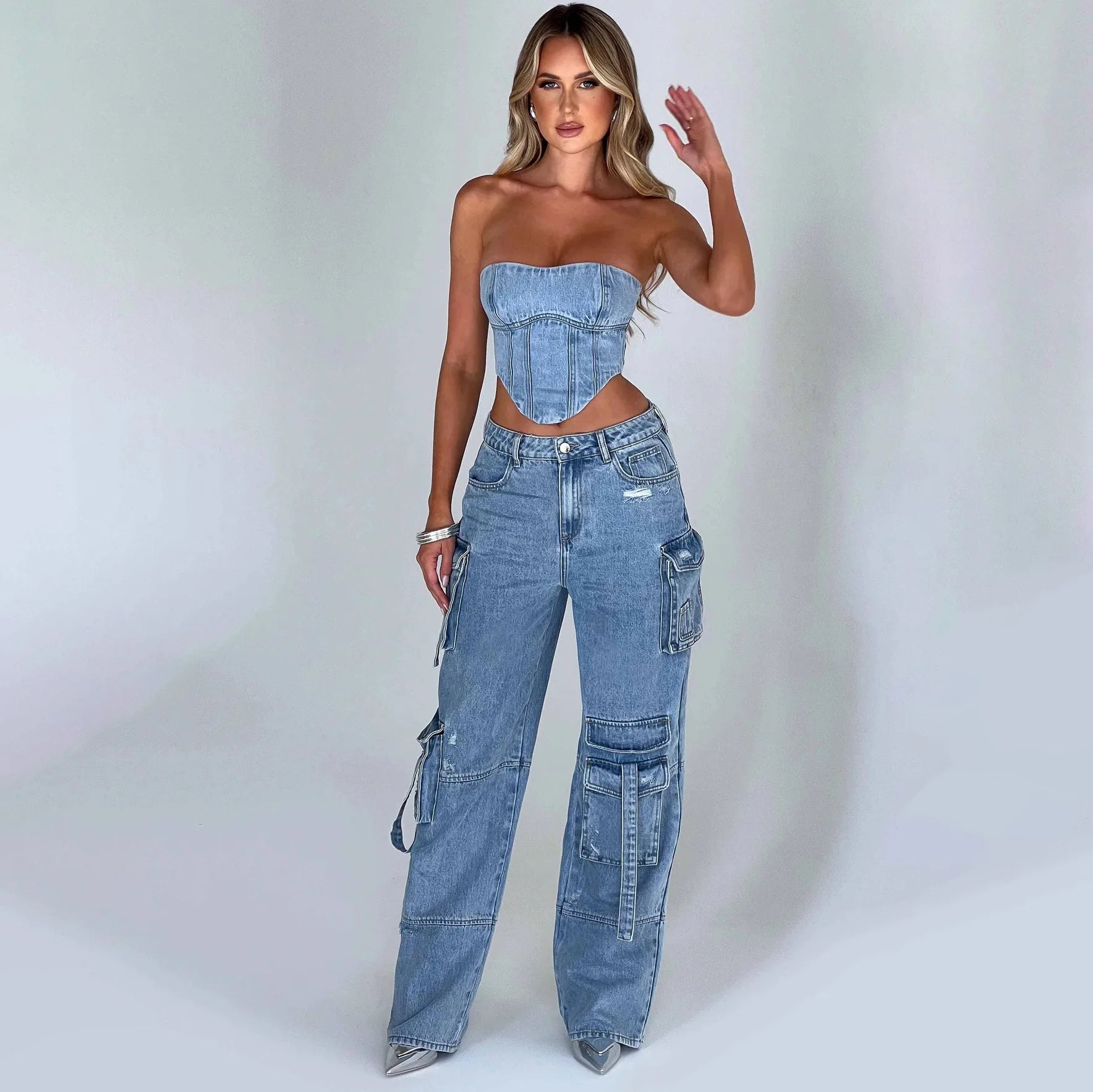 2024 New Style Loose Feeling Slimming Pants Low Waisted Pocket Splicing Jeans for Women's Autumn Denim Pant Top Set
