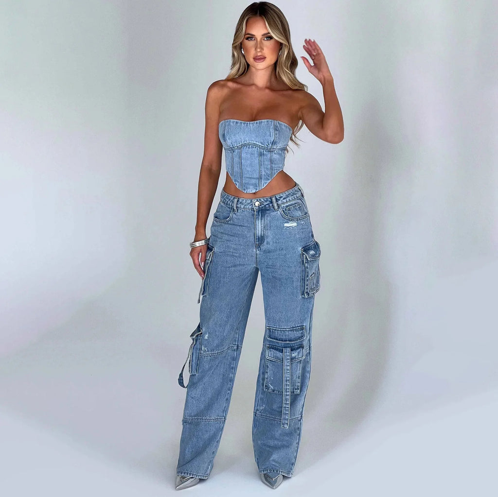 2024 New Style Loose Feeling Slimming Pants Low Waisted Pocket Splicing Jeans for Women's Autumn Denim Pant Top Set
