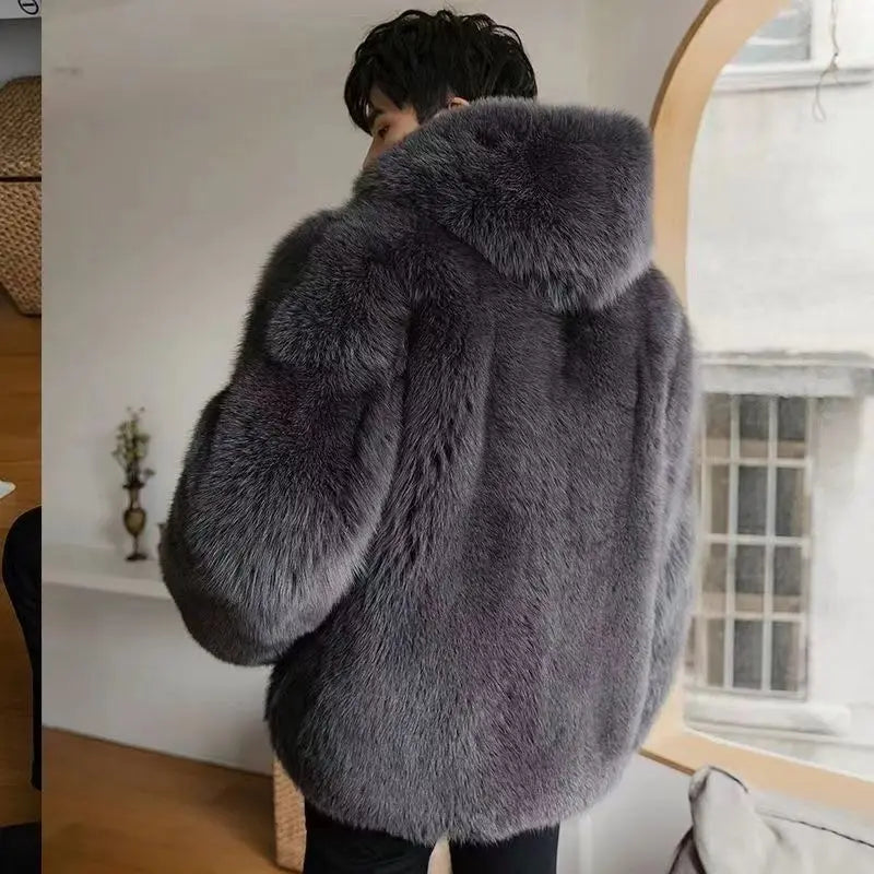 Autumn Winter New Men Fox Fur Hooded Coat  Fashion Light Luxury  Warm Coat Thickened Comfortable Fur Coat Men Brown Fake Fur