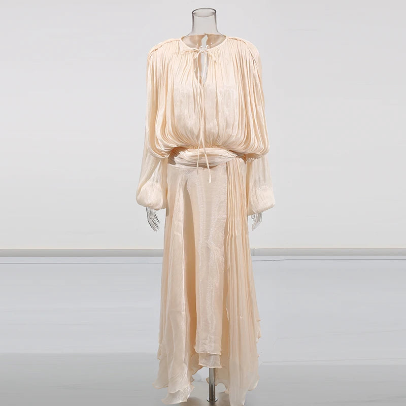 TWOTWINSTYLE Solid Loose Spliced Folds Elegant Dresses for Women Round Neck Long Sleeves Patchwork Lace Up Dress Female Fashion