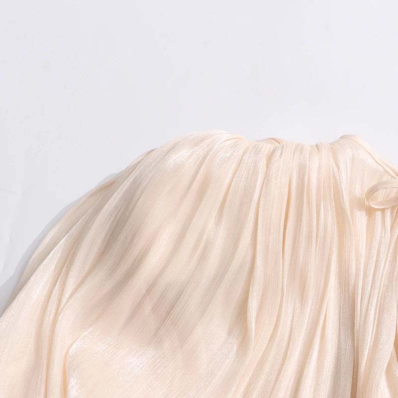 TWOTWINSTYLE Solid Loose Spliced Folds Elegant Dresses for Women Round Neck Long Sleeves Patchwork Lace Up Dress Female Fashion