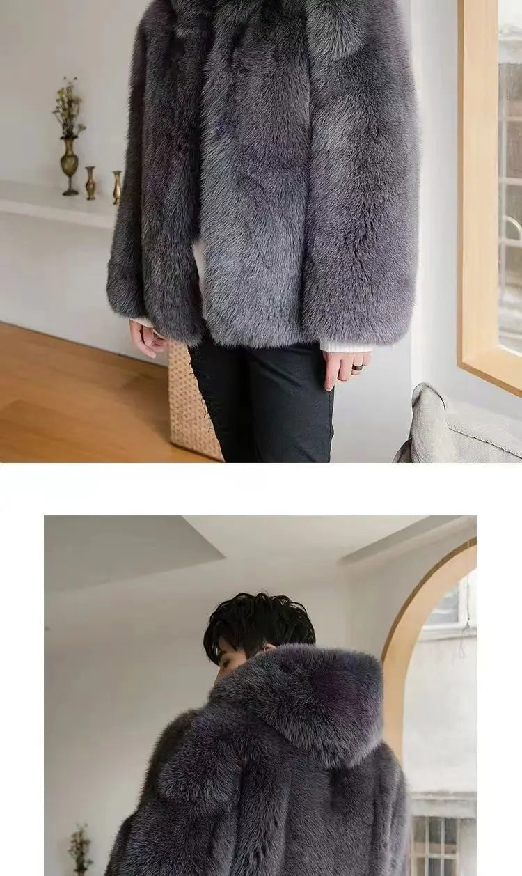 Autumn Winter New Men Fox Fur Hooded Coat  Fashion Light Luxury  Warm Coat Thickened Comfortable Fur Coat Men Brown Fake Fur