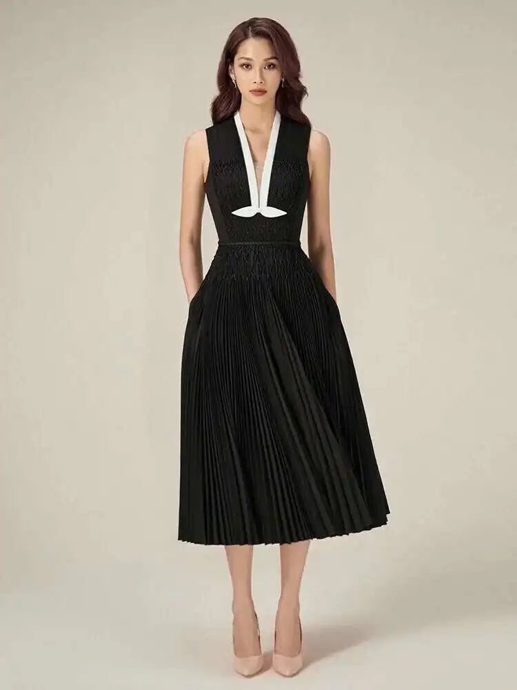 DEAT Elegant Dress Sleeveless Deep V-neck Spliced Panelled Weave Pleated Women's Party Dreeses 2025 Autumn New Fashion13DB1534