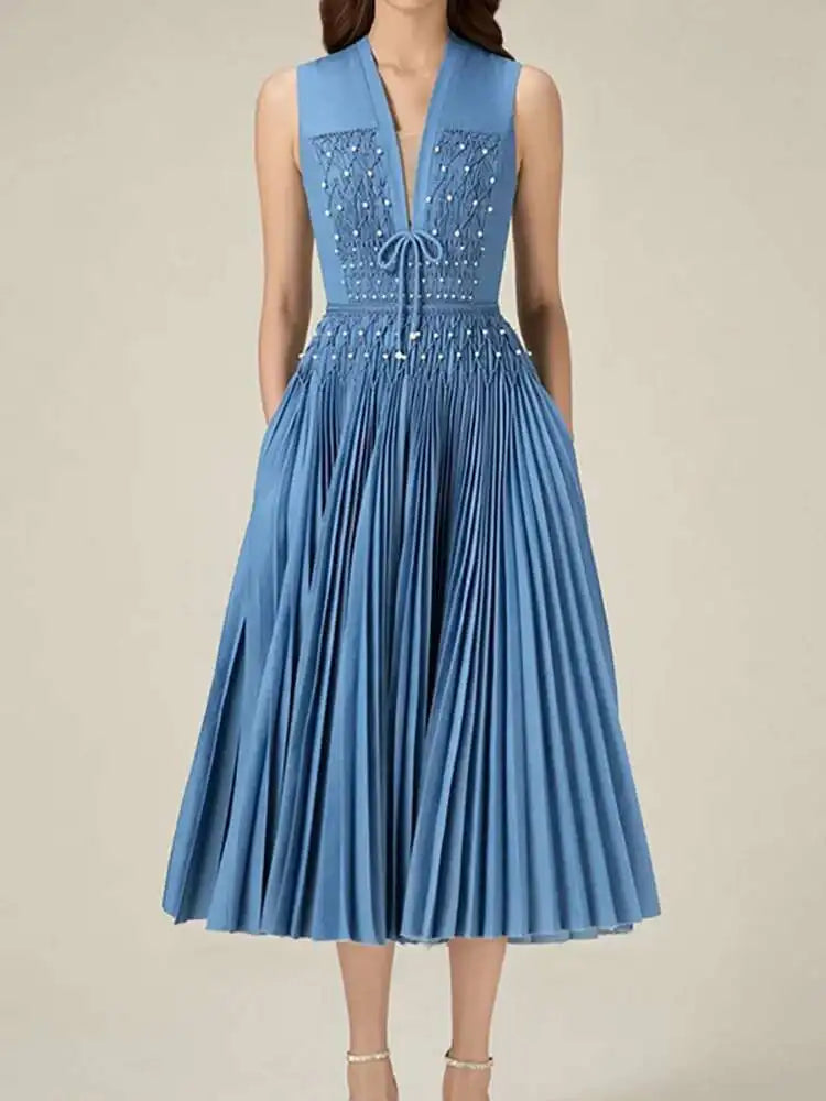 DEAT Elegant Dress Sleeveless Deep V-neck Spliced Panelled Weave Pleated Women's Party Dreeses 2025 Autumn New Fashion13DB1534