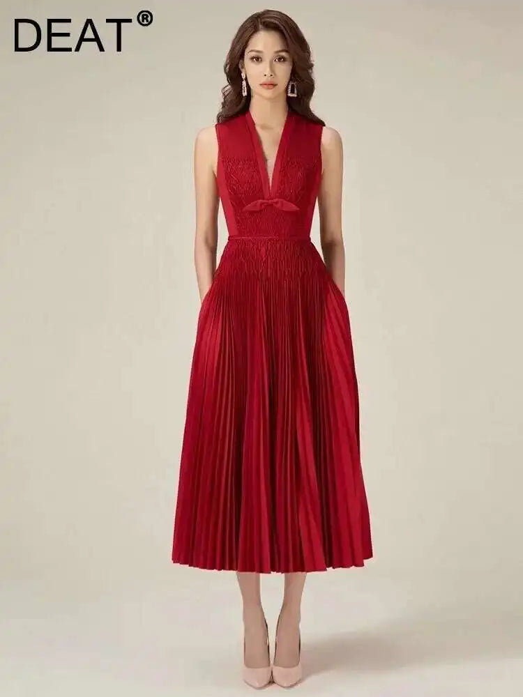 DEAT Elegant Dress Sleeveless Deep V-neck Spliced Panelled Weave Pleated Women's Party Dreeses 2025 Autumn New Fashion13DB1534