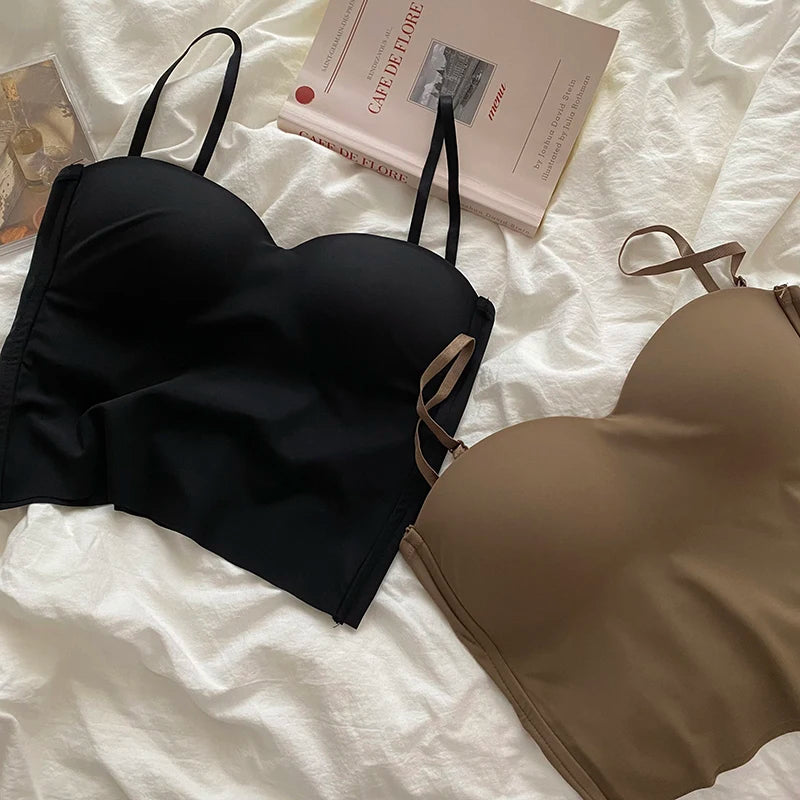 Aishang Ladies Thin Ice Silk Traceless Vest French Back Camisole Integrated Fixed Cup Inside Match Outside Wear Spice Wrap Chest