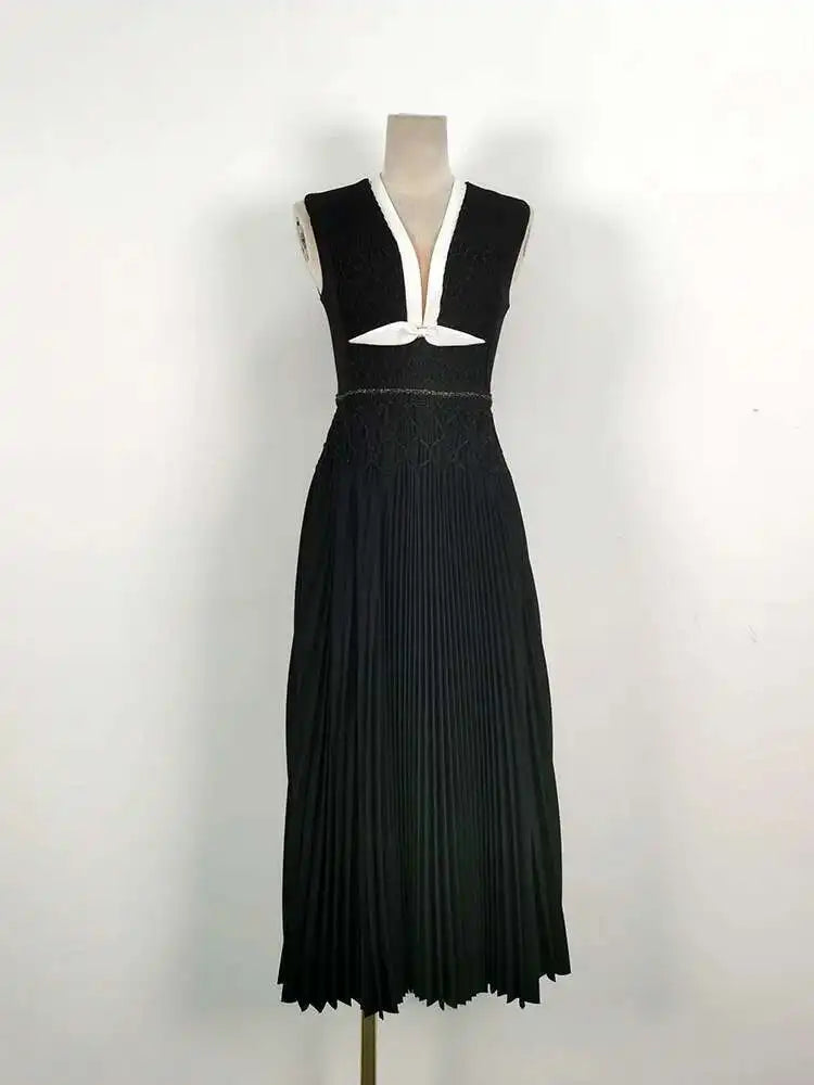 DEAT Elegant Dress Sleeveless Deep V-neck Spliced Panelled Weave Pleated Women's Party Dreeses 2025 Autumn New Fashion13DB1534