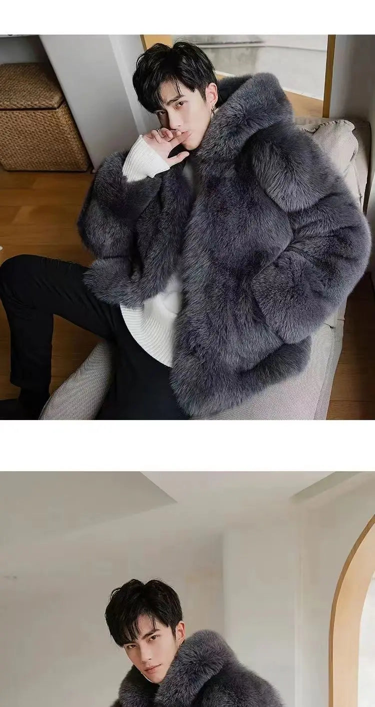 Autumn Winter New Men Fox Fur Hooded Coat  Fashion Light Luxury  Warm Coat Thickened Comfortable Fur Coat Men Brown Fake Fur
