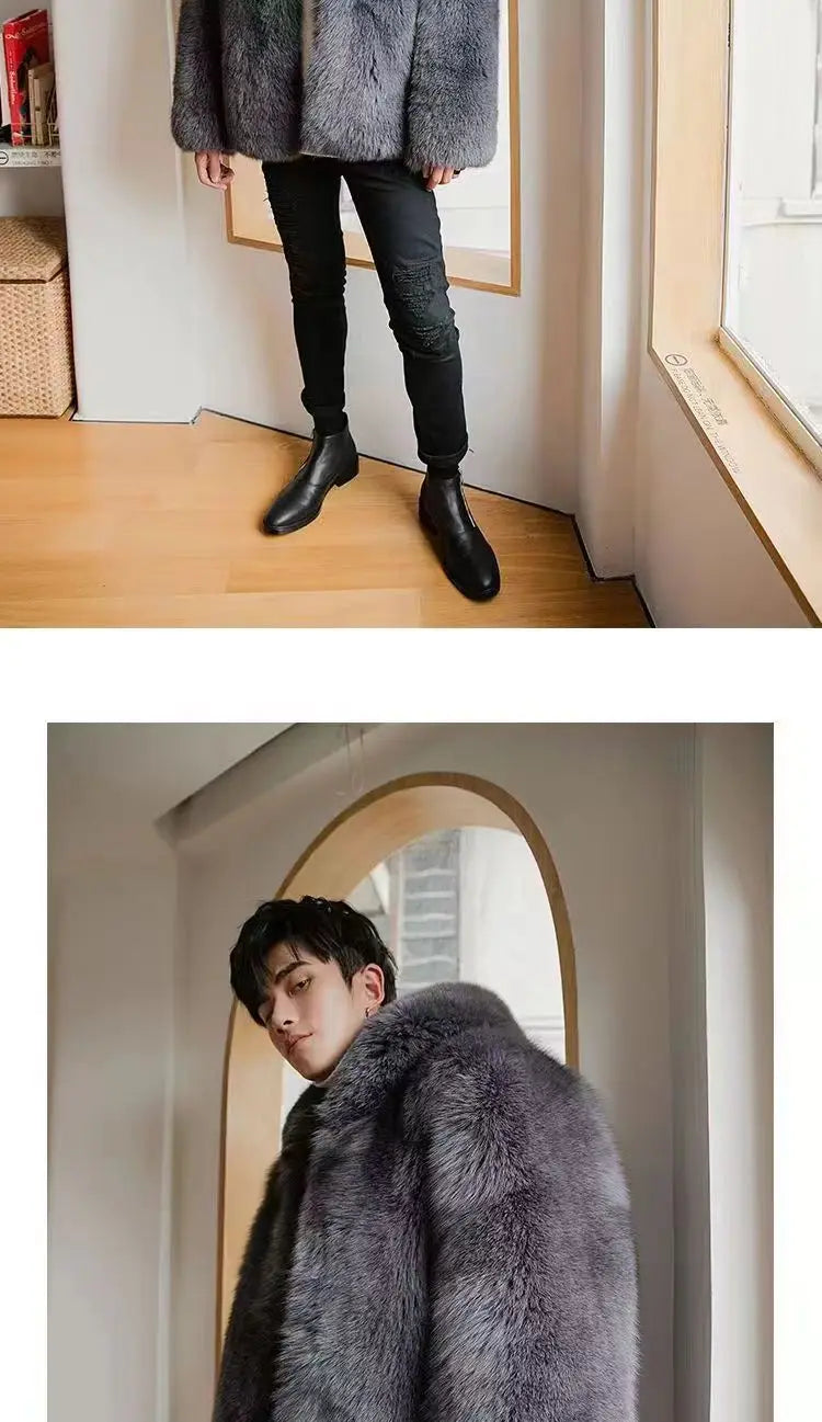 Autumn Winter New Men Fox Fur Hooded Coat  Fashion Light Luxury  Warm Coat Thickened Comfortable Fur Coat Men Brown Fake Fur