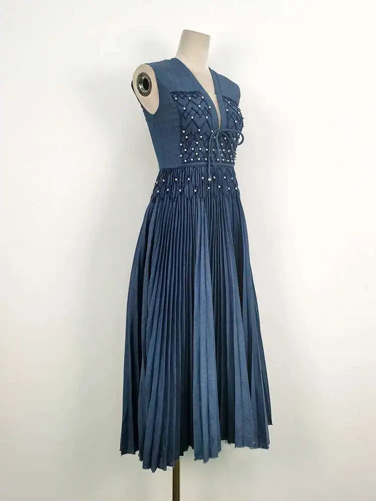 DEAT Elegant Dress Sleeveless Deep V-neck Spliced Panelled Weave Pleated Women's Party Dreeses 2025 Autumn New Fashion13DB1534