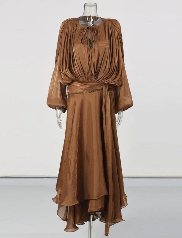 TWOTWINSTYLE Solid Loose Spliced Folds Elegant Dresses for Women Round Neck Long Sleeves Patchwork Lace Up Dress Female Fashion