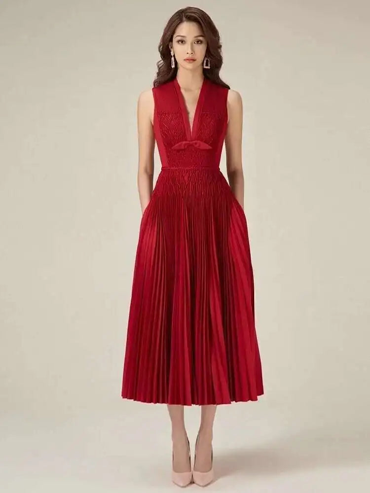 DEAT Elegant Dress Sleeveless Deep V-neck Spliced Panelled Weave Pleated Women's Party Dreeses 2025 Autumn New Fashion13DB1534