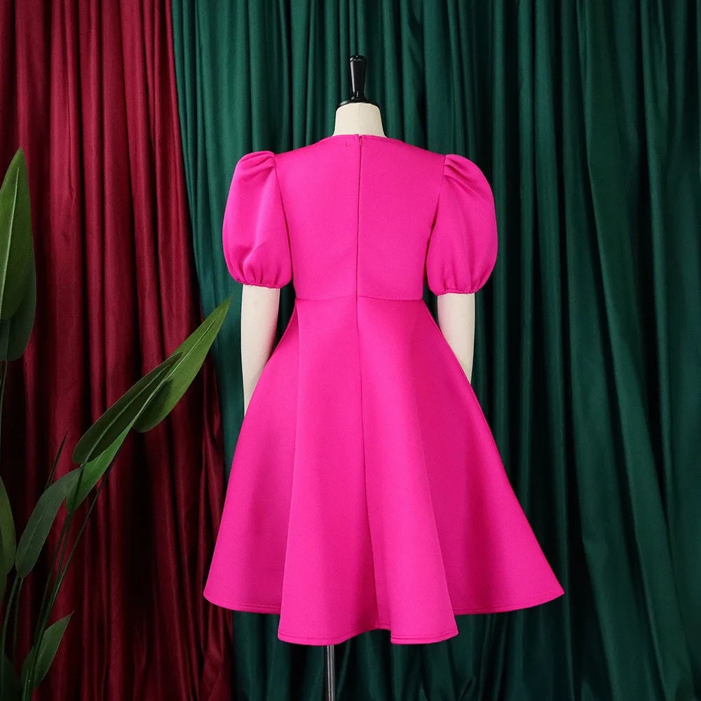 Elegant Dresses for Woman 2024 O Neck Short Sleeve High Waisted Pleated Mid Calf Luxury Female Birthday Party Dinner Vestidos