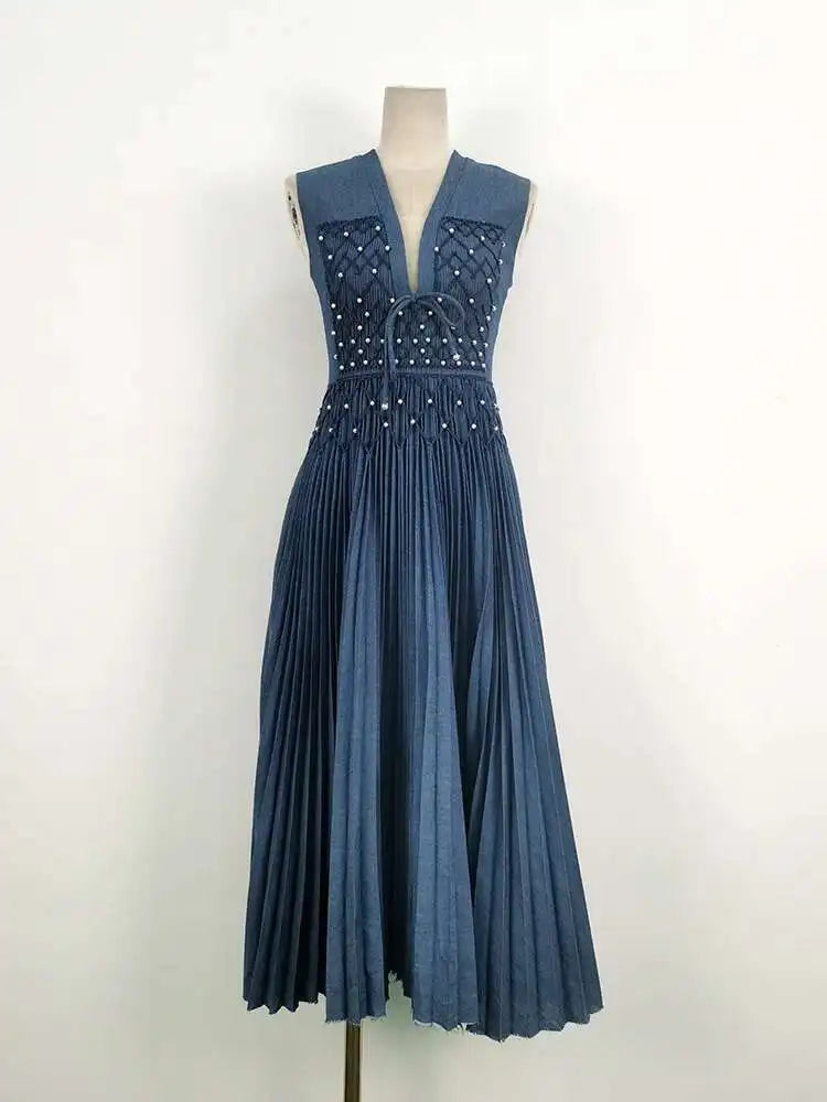 DEAT Elegant Dress Sleeveless Deep V-neck Spliced Panelled Weave Pleated Women's Party Dreeses 2025 Autumn New Fashion13DB1534