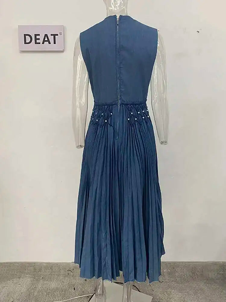 DEAT Elegant Dress Sleeveless Deep V-neck Spliced Panelled Weave Pleated Women's Party Dreeses 2025 Autumn New Fashion13DB1534
