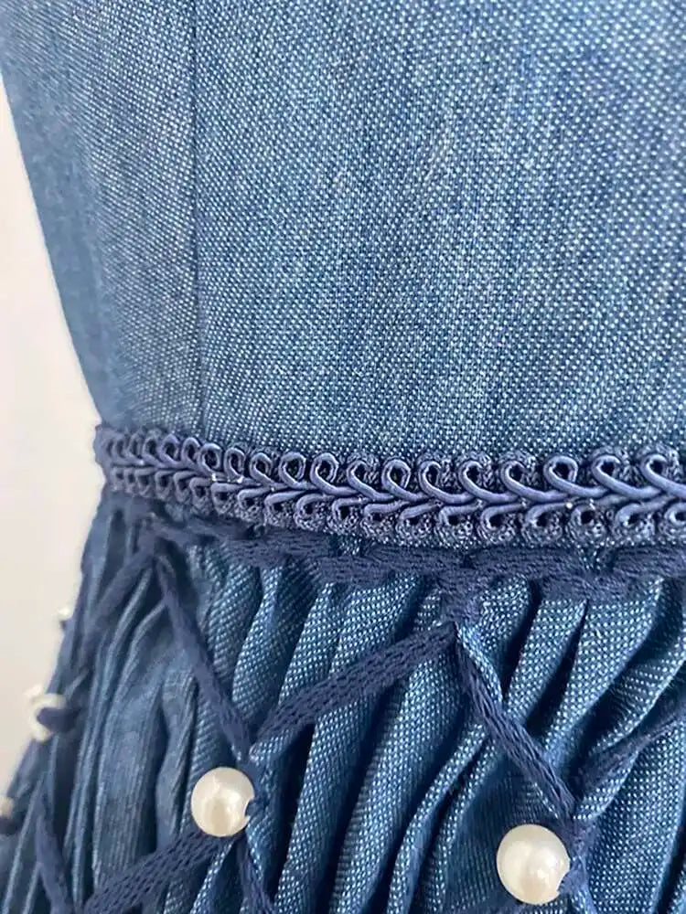 DEAT Elegant Dress Sleeveless Deep V-neck Spliced Panelled Weave Pleated Women's Party Dreeses 2025 Autumn New Fashion13DB1534