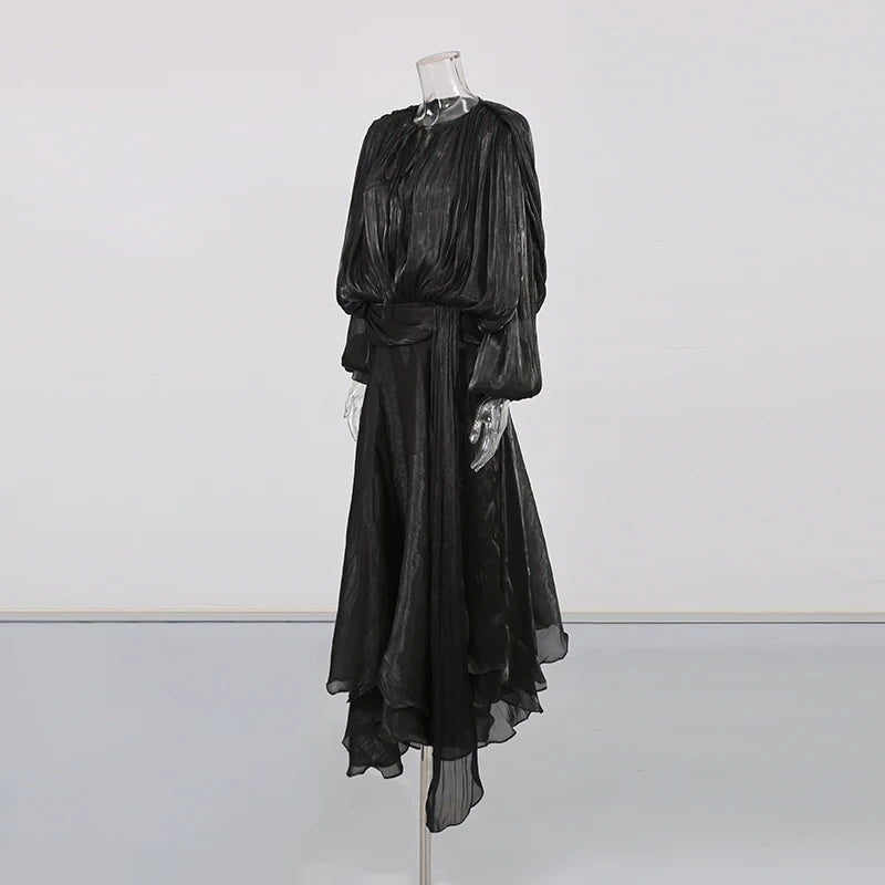 TWOTWINSTYLE Solid Loose Spliced Folds Elegant Dresses for Women Round Neck Long Sleeves Patchwork Lace Up Dress Female Fashion