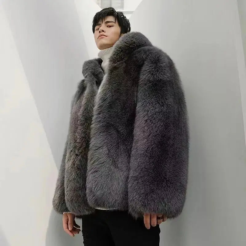 Autumn Winter New Men Fox Fur Hooded Coat  Fashion Light Luxury  Warm Coat Thickened Comfortable Fur Coat Men Brown Fake Fur