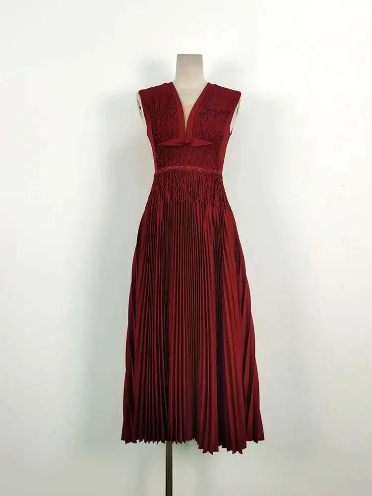 DEAT Elegant Dress Sleeveless Deep V-neck Spliced Panelled Weave Pleated Women's Party Dreeses 2025 Autumn New Fashion13DB1534