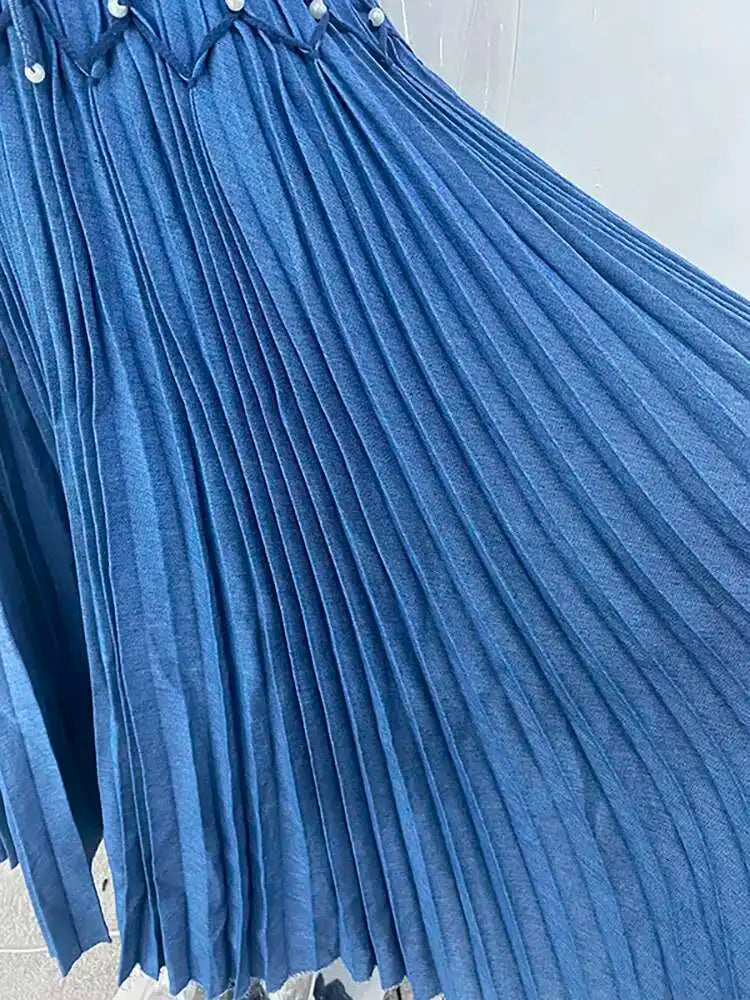 DEAT Elegant Dress Sleeveless Deep V-neck Spliced Panelled Weave Pleated Women's Party Dreeses 2025 Autumn New Fashion13DB1534