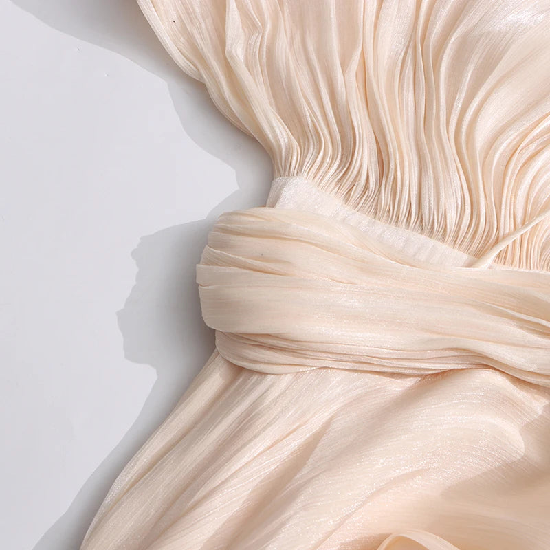 TWOTWINSTYLE Solid Loose Spliced Folds Elegant Dresses for Women Round Neck Long Sleeves Patchwork Lace Up Dress Female Fashion