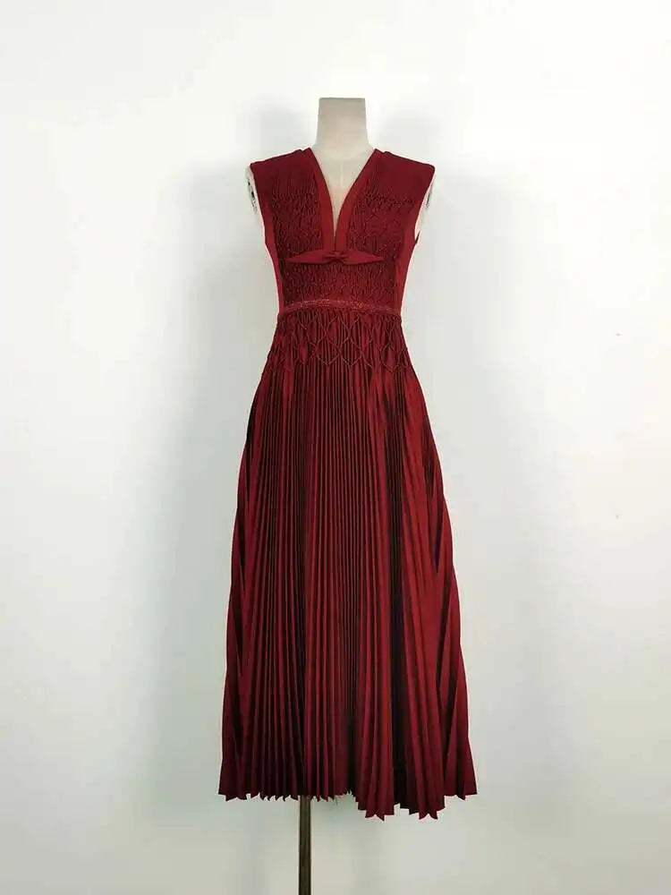 DEAT Elegant Dress Sleeveless Deep V-neck Spliced Panelled Weave Pleated Women's Party Dreeses 2025 Autumn New Fashion13DB1534