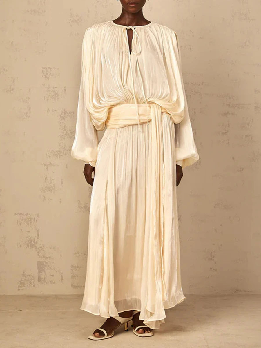 TWOTWINSTYLE Solid Loose Spliced Folds Elegant Dresses for Women Round Neck Long Sleeves Patchwork Lace Up Dress Female Fashion