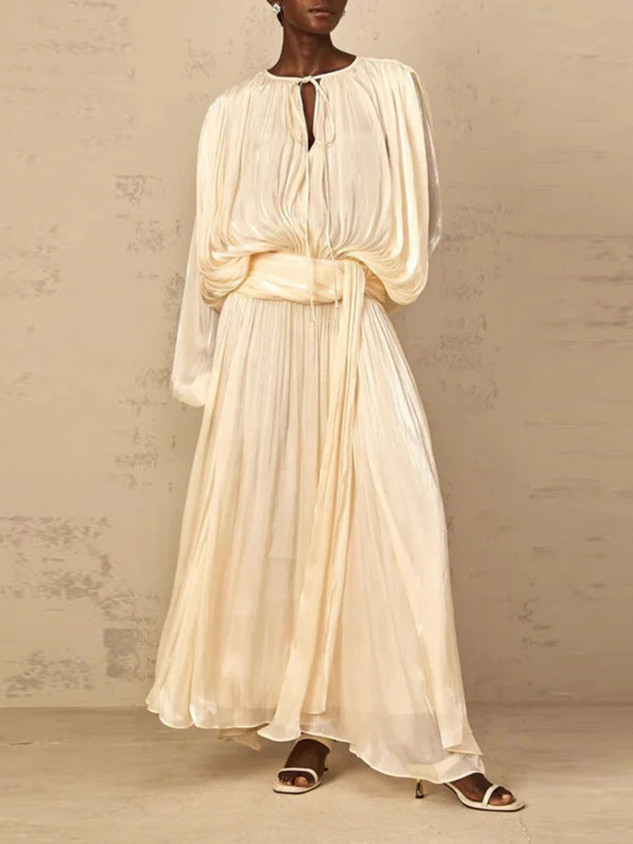 TWOTWINSTYLE Solid Loose Spliced Folds Elegant Dresses for Women Round Neck Long Sleeves Patchwork Lace Up Dress Female Fashion