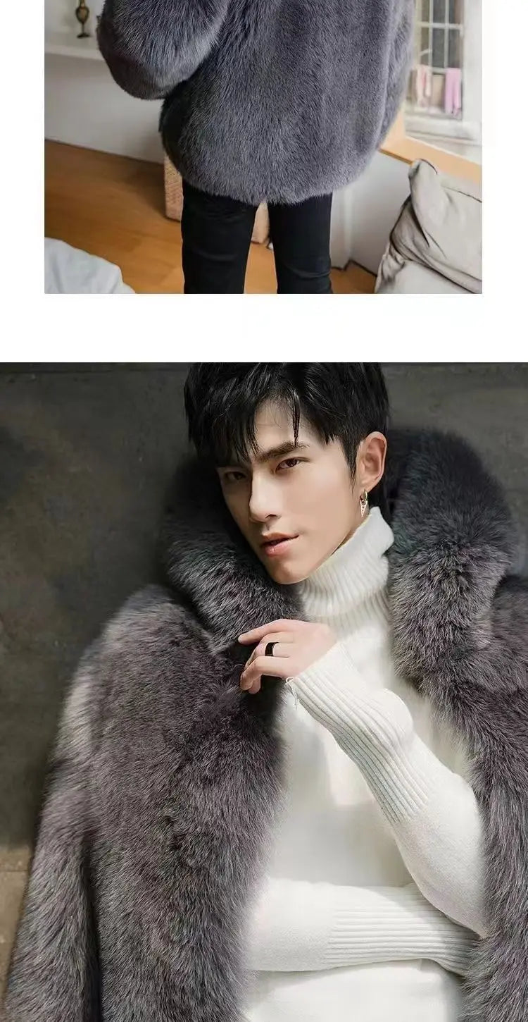 Autumn Winter New Men Fox Fur Hooded Coat  Fashion Light Luxury  Warm Coat Thickened Comfortable Fur Coat Men Brown Fake Fur