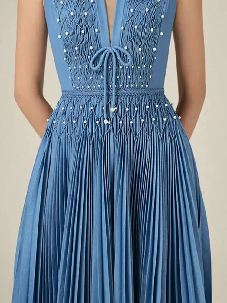 DEAT Elegant Dress Sleeveless Deep V-neck Spliced Panelled Weave Pleated Women's Party Dreeses 2025 Autumn New Fashion13DB1534