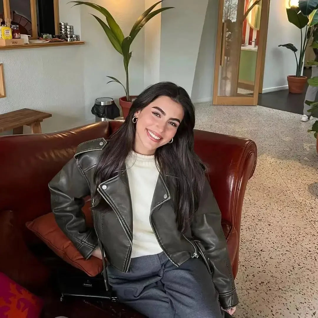 Women Oversized Vintage Loose Pu Faux Leather Short Jacket with Belt Streetwear Female Zipper Retro Moto Biker Coat Outwear