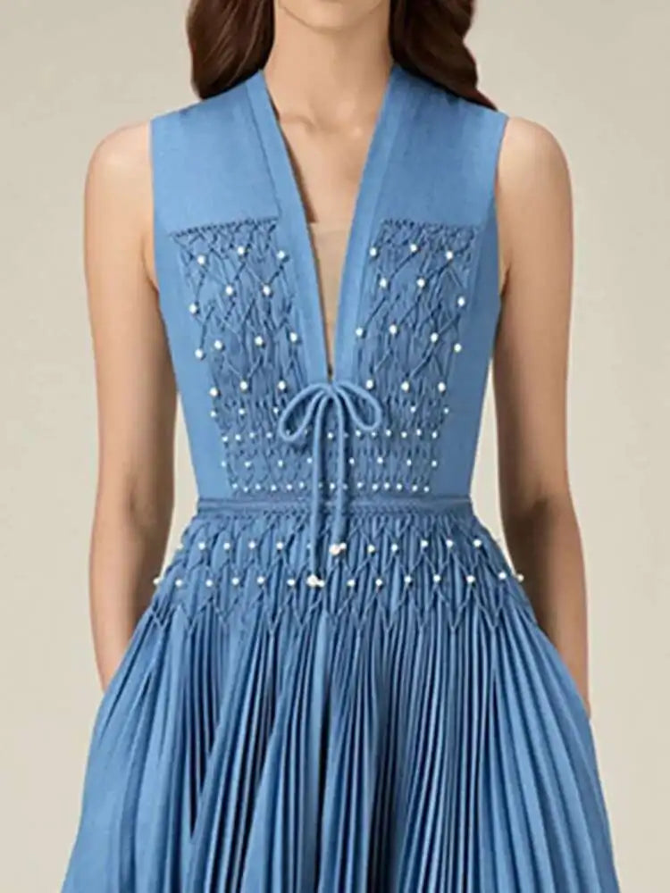 DEAT Elegant Dress Sleeveless Deep V-neck Spliced Panelled Weave Pleated Women's Party Dreeses 2025 Autumn New Fashion13DB1534