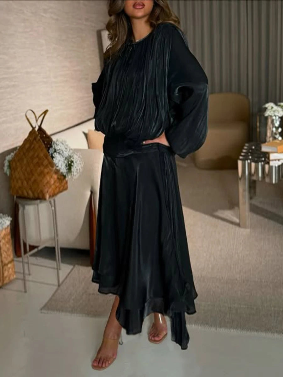 TWOTWINSTYLE Solid Loose Spliced Folds Elegant Dresses for Women Round Neck Long Sleeves Patchwork Lace Up Dress Female Fashion