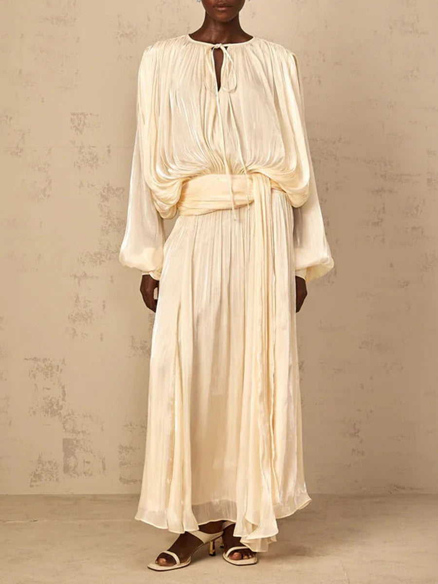 TWOTWINSTYLE Solid Loose Spliced Folds Elegant Dresses for Women Round Neck Long Sleeves Patchwork Lace Up Dress Female Fashion