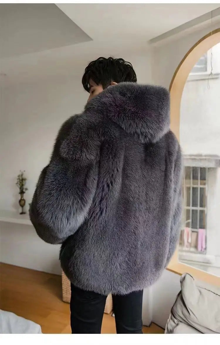 Autumn Winter New Men Fox Fur Hooded Coat  Fashion Light Luxury  Warm Coat Thickened Comfortable Fur Coat Men Brown Fake Fur