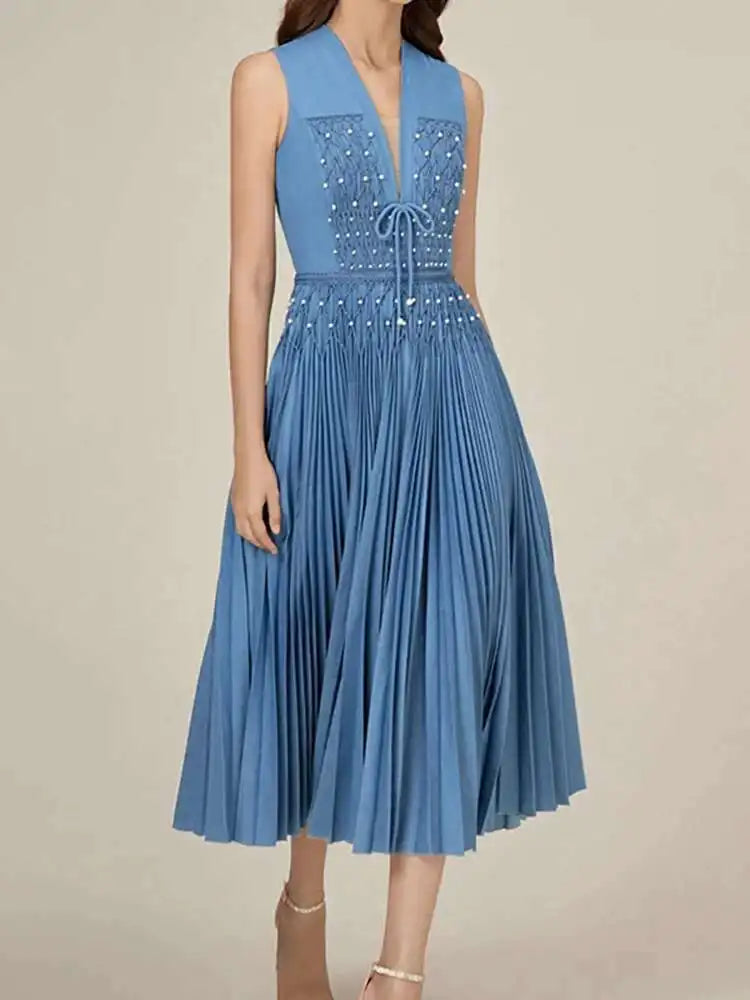 DEAT Elegant Dress Sleeveless Deep V-neck Spliced Panelled Weave Pleated Women's Party Dreeses 2025 Autumn New Fashion13DB1534