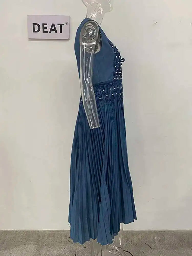 DEAT Elegant Dress Sleeveless Deep V-neck Spliced Panelled Weave Pleated Women's Party Dreeses 2025 Autumn New Fashion13DB1534